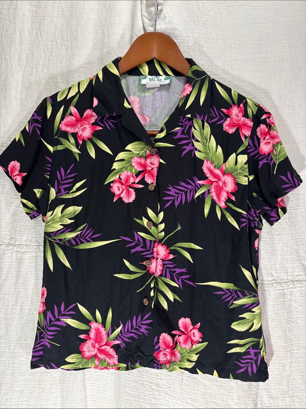 Two Palms Black Pink Orchid Rayon Hawaiian Blouse Size S Made in Hawaii